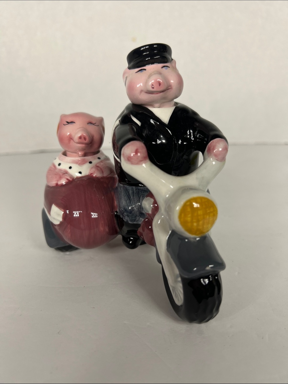 Biker Pig Hog Couple On Motorcycle W/Sidecar By Clay Art Salt and Pepper Shaker